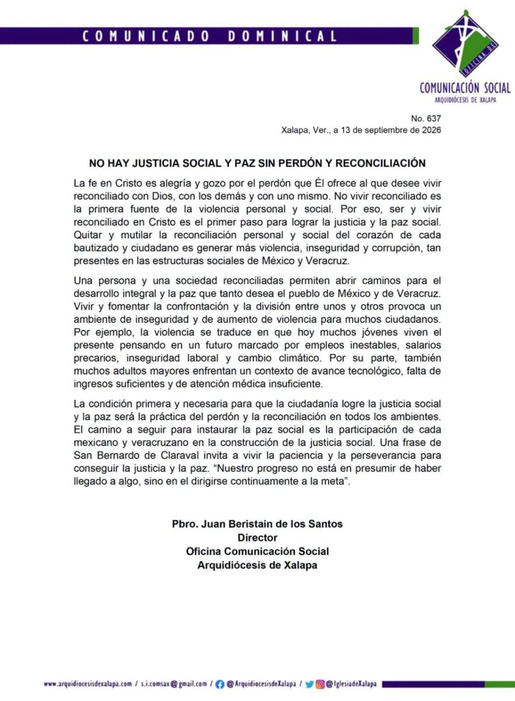 Arquidiócesis de Xalapa llama a erradicar violencia y corrupción