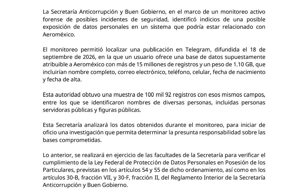 Buen Gobierno detecta posible exposición de datos ligada a Aeroméxico