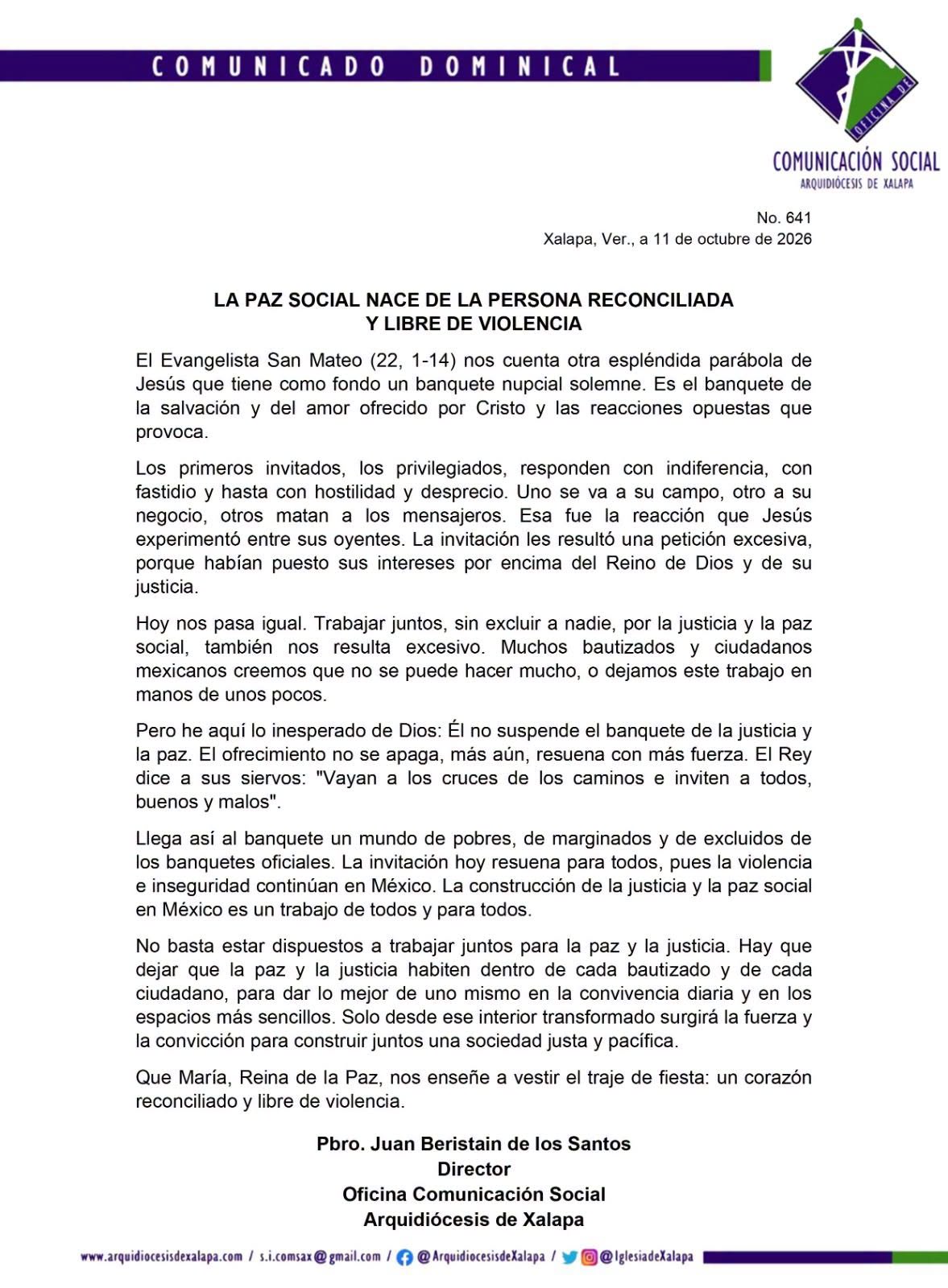 Mensaje de la Arquidiócesis de Xalapa sobre la paz social en México